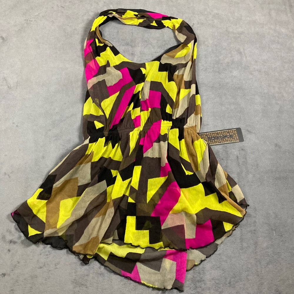 Max Sport Tribal Maze Geometric Halter Top Neon Pink Yellow XS NWT
